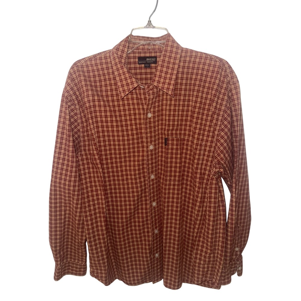 BKE Button Up Mens Large Red Tan Good Vintage 90s Plaid Cotton Long Sleeve Shirt